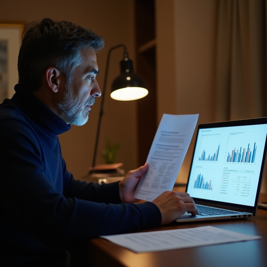 Analist privind grafice de evaluare furnizori pe ecran laptop